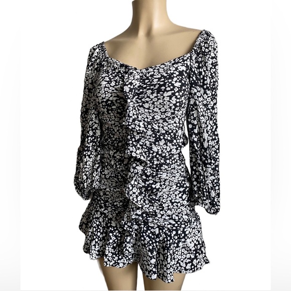 Zara Ruffle Ruched Mini Puff Sleeves Fit Flare Retro Floral Ditsy Cocktail Dress - Picture 10 of 13